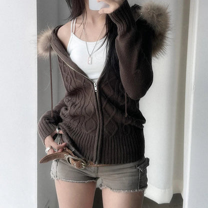 Women Fur Hooded Cardigan Fall Vintage Brown Knitted Zipper Coat Winter Street Outfits Korean Fashion Jacket 2000s