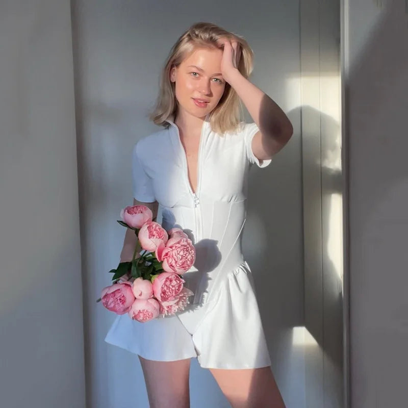 Y2K Cross border Hot Selling Sexy Tight Skirt jumpsuit Spring/Summer New Women’s Round Neck Short Sleeve Zipper Bottom Shirt