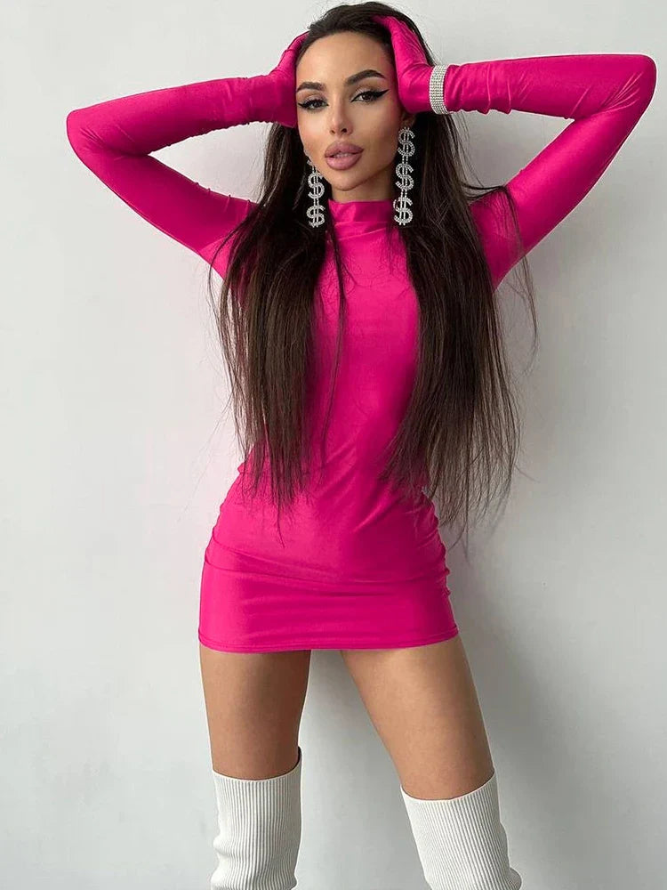 Solid Long Sleeve With Gloves Mini Dress Bodycon Streetwear Party Half Turtleneck Outfits Y2K Clothes Wholesale