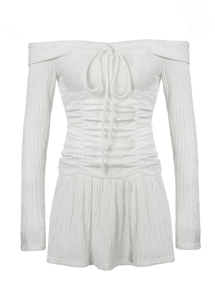 Korean Fashion Slash Neck Elegant Long Sleeve A Line White Dress Women Shirring Slim Waist Simple Sweet Japanese Clothing