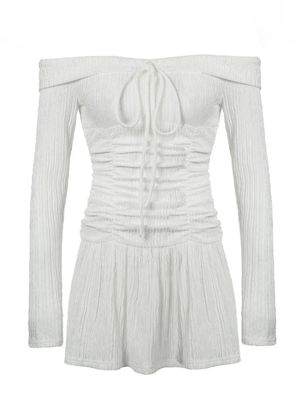 Korean Fashion Slash Neck Elegant Long Sleeve A Line White Dress Women Shirring Slim Waist Simple Sweet Japanese Clothing