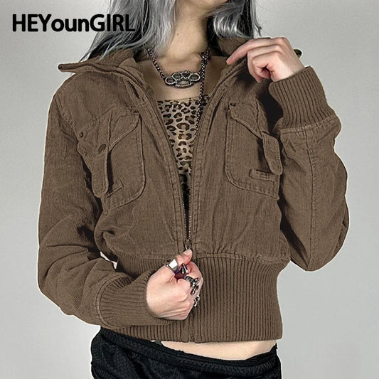Y2K Corduroy Jacket Women Fashion Autumn 2000s Brown Zip Up Coat Vintage Pocket Detail Slim Fit Outerwear Streetwear