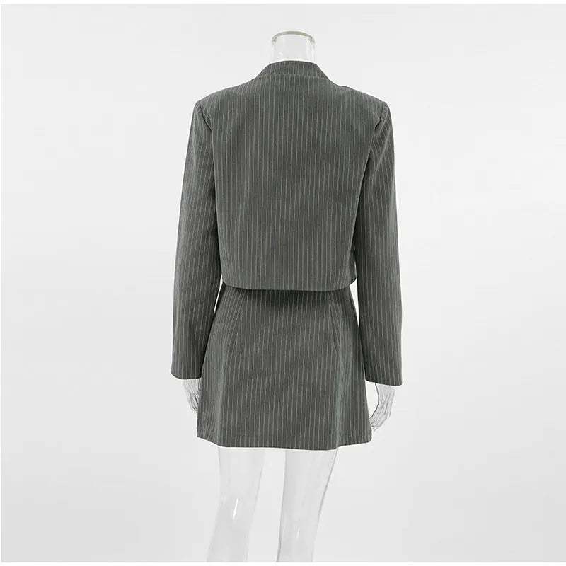 Women Striped Skirt Set Stand Collar Single Breasted Top High Waist Pleated Skirts 2024 Summer Fall New Fashion Lady Office Suit