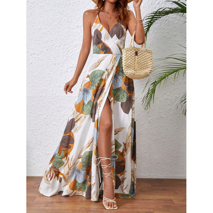 Fashion Flower Print Spaghetti Strap Dresses Women Sexy V-neck Backless Slit Long Dress Bohemian Style Vacation Beach Vestidos
