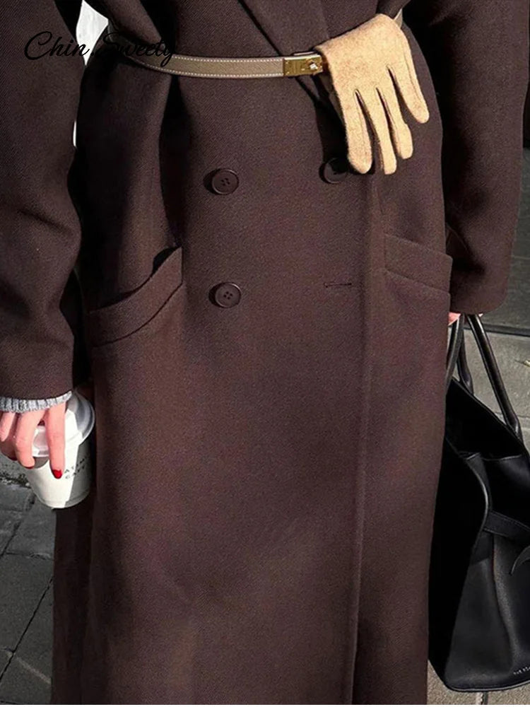 Elegant Lapel Pocket Woolen Long Trench Coat Women Fashion Full Sleeve Loose Overcoat  Autumn Winter Lady Commute Outwear