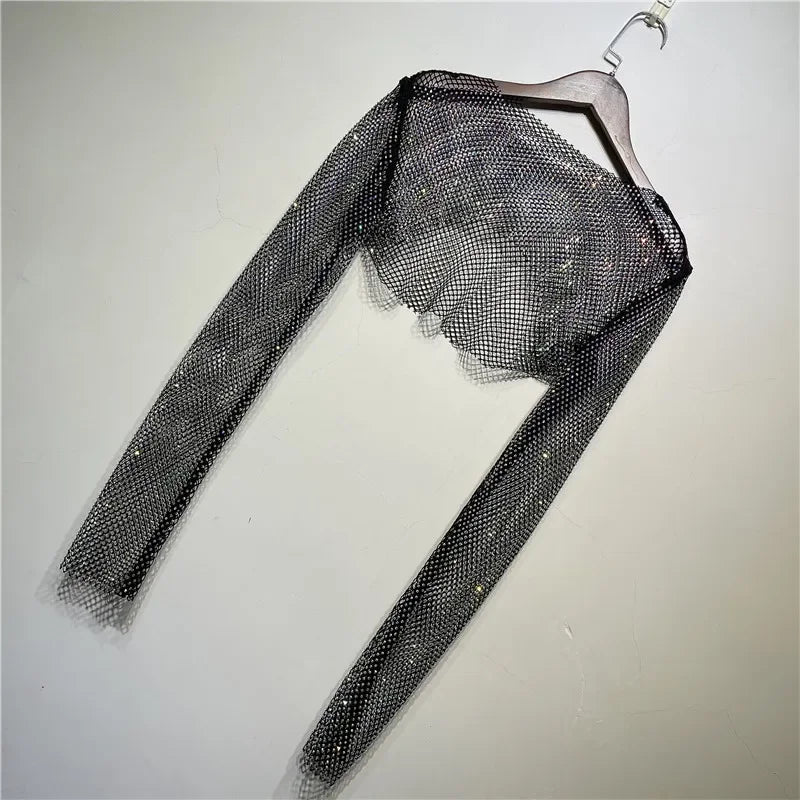 Sparkly Crystal T-shirts O-Neck Hollow Out See Through Tank Tops Night Partywear Crop Shirts Tee Y2K Tops