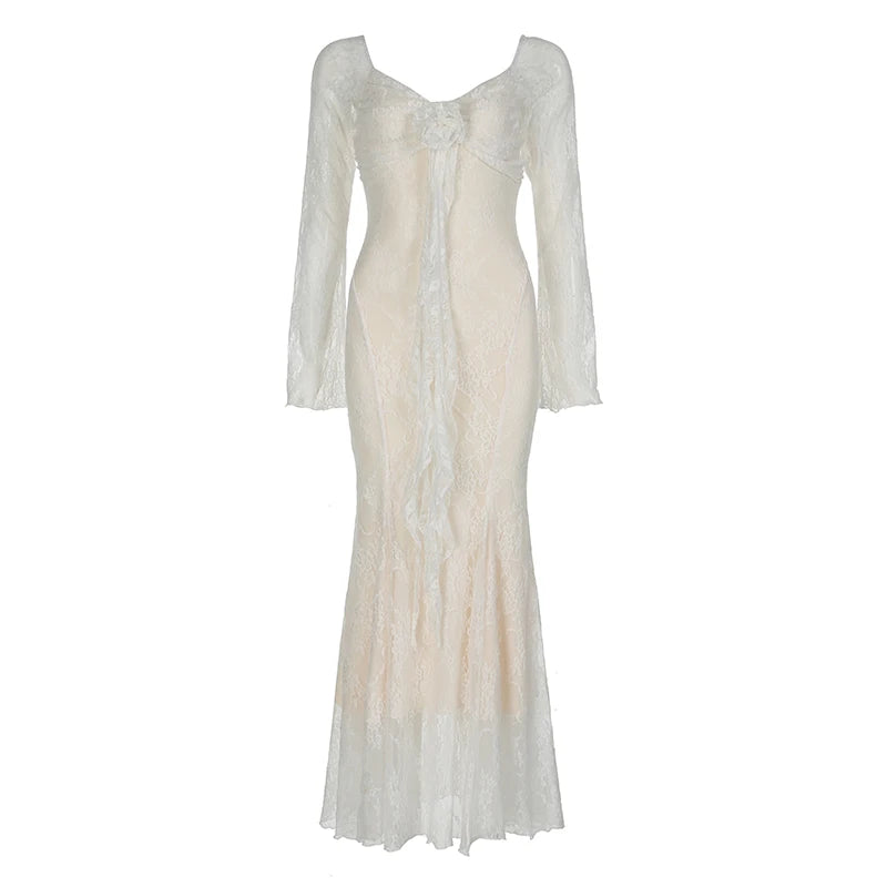 Fairycore Retro Flowers Lace V-Neck tulle Dresses Women Gentle Elegant Flared Sleeve Mermaid s Trendy Dresses