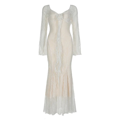 Fairycore Retro Flowers Lace V-Neck tulle Dresses Women Gentle Elegant Flared Sleeve Mermaid s Trendy Dresses