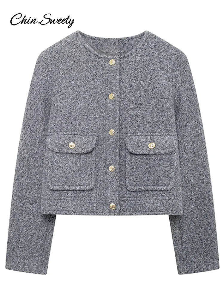 Elegant Woolen Blends Coat For Women O-neck Metal Button Gray Long Sleeve Pockets Jackets  Autumn Lady High Street Outwear