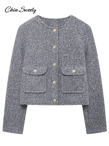 Elegant Woolen Blends Coat For Women O-neck Metal Button Gray Long Sleeve Pockets Jackets  Autumn Lady High Street Outwear