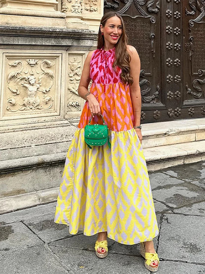 Chic Patchwork Printed Dress For Women Chic Round Neck Sleeveless Casual Maixi Dress  Summer New Female Vacation Robe