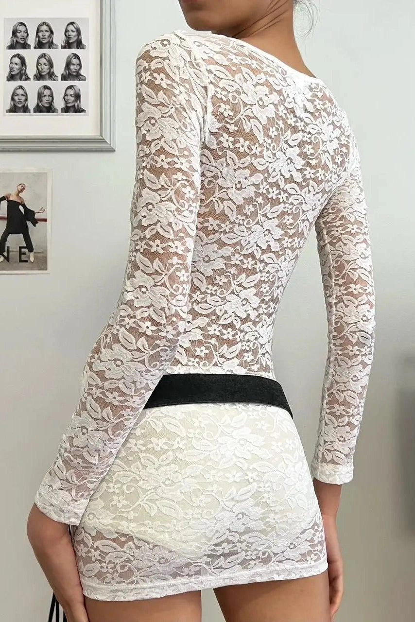 Sheer Lace Long Sleeve Bodycon Mini Dress