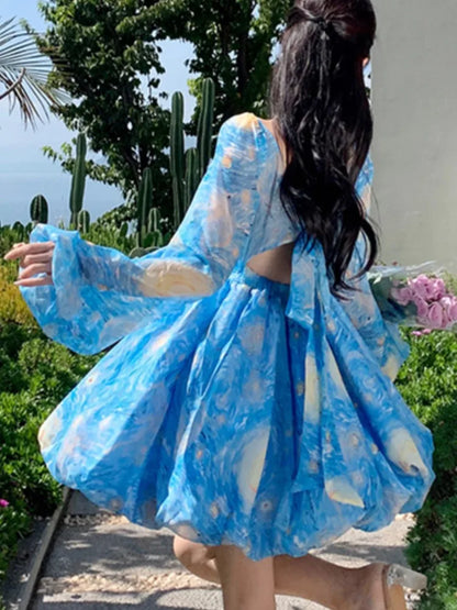 Elegant Printed Short Dresses for Women Backless Holiday Beach Style Lantern Sleeves A-line Floral Mini One Piece Vestido Mujer