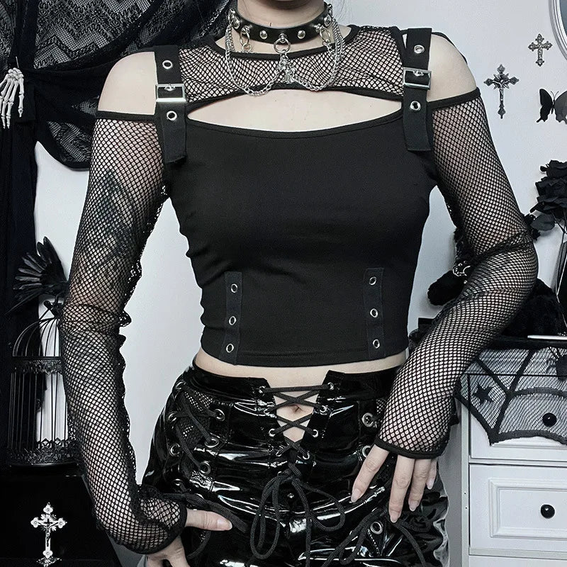 Buckle Detail Crop Mesh Top