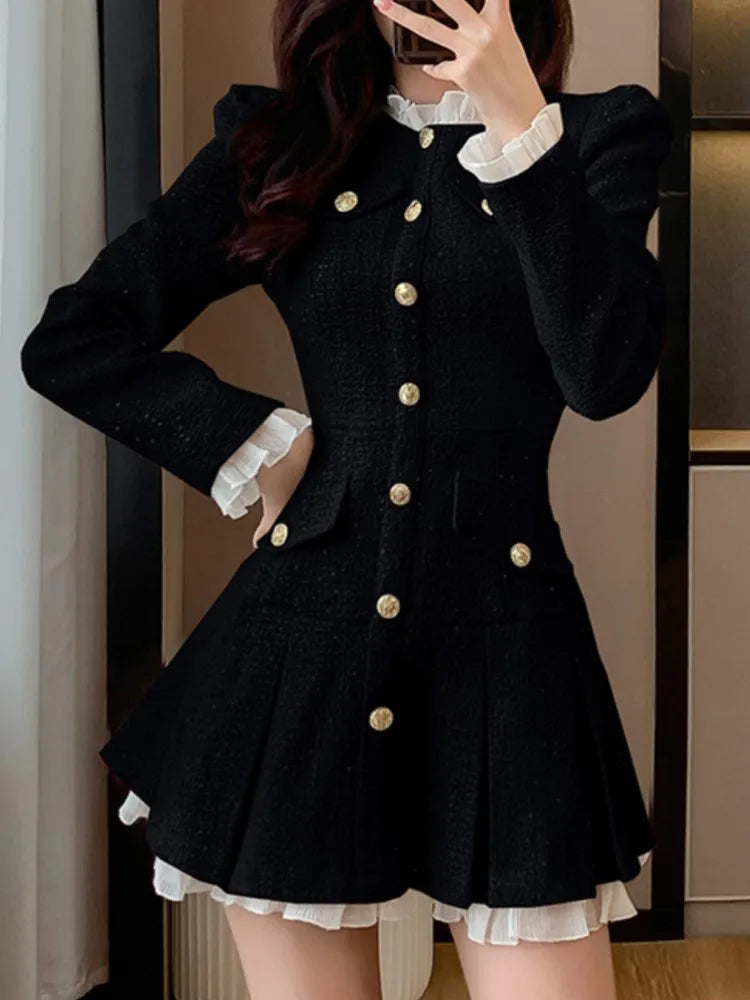 Women Fashion Tweed Plaid Short Dress Autumn Winter New Spliced Pleated Single Breasted Vestidos Female Elegant Chic Clothes