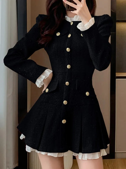 Women Fashion Tweed Plaid Short Dress Autumn Winter New Spliced Pleated Single Breasted Vestidos Female Elegant Chic Clothes