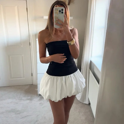 Contrast Color Mini Folds Dress For Strapless Slim Sleeveless Ruched Splice Y2K Beach FeClub Party Dress