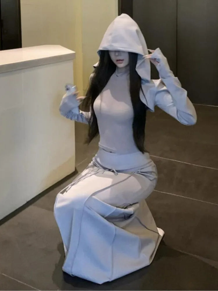 Y2K Autumn 3-piece Skirt Set Women Long Sleeve Hooded Crop Cardigan Vest Long Skirt Sexy Harajuku Club Party Streetwear New