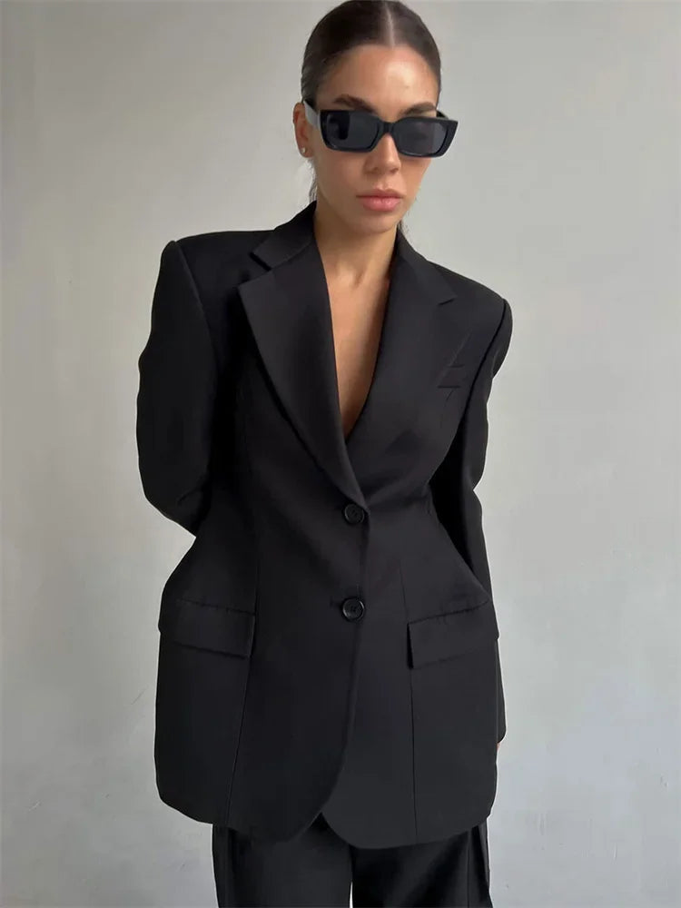 Black Lapel Suit Outwear For Women Pocket Long Sleeve Elegant Commute Patchwork Coat Female High Waist Autumn Blazers 2025