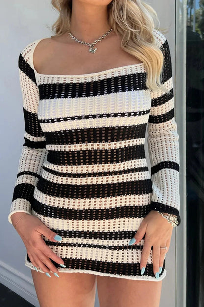 Slim Printed Long Sleeve Square-Neck Mini Dress