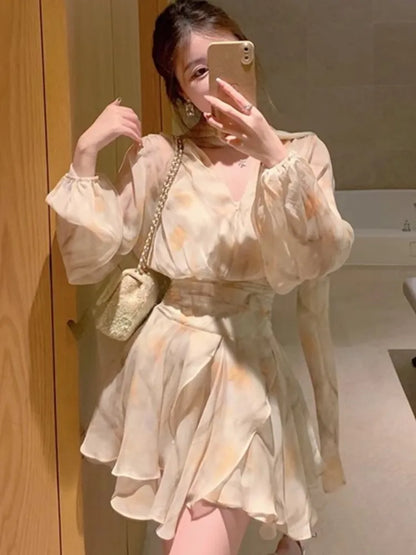 Elegant Chiffon Short Dresses for Women V-neck Lantern Sleeves Ruffles A-line Summer New Holiday Style Printed Vestidos Mujer