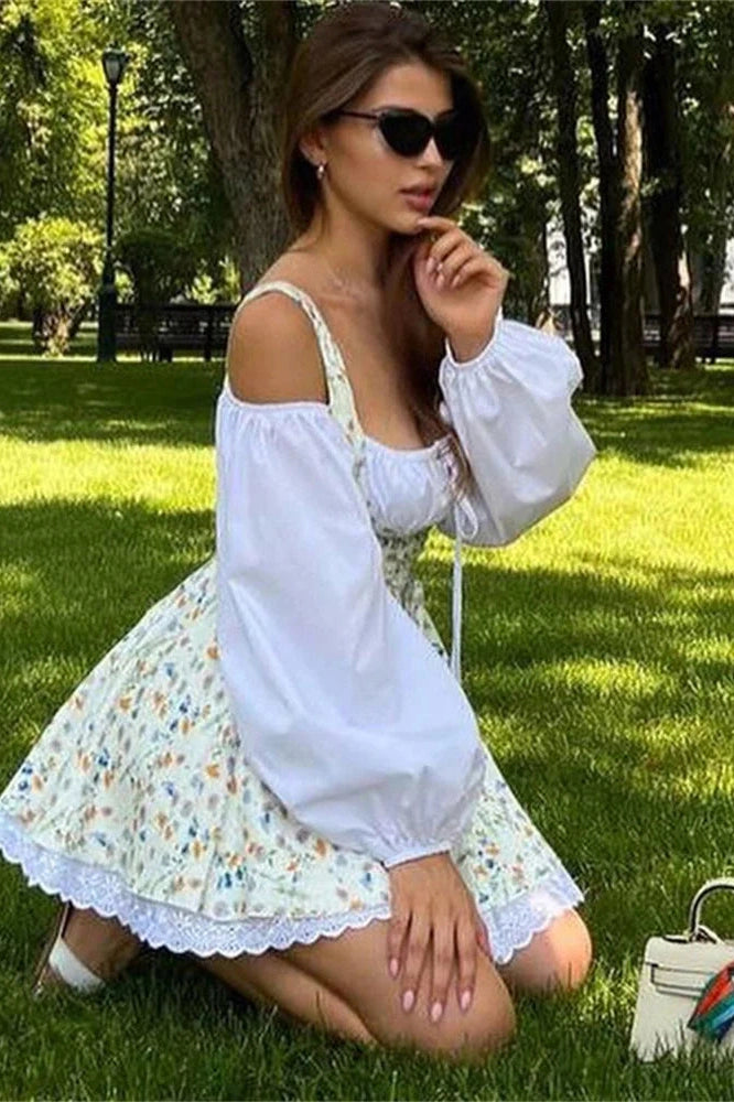 Lace Patchwork Square Collar Mini Dress