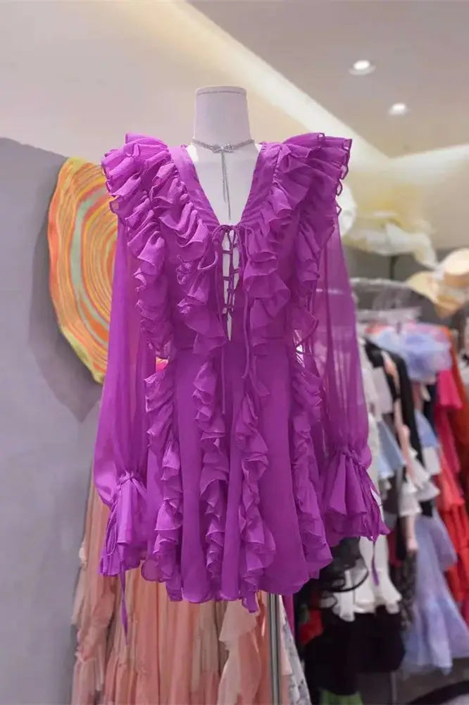 V-Neck Lace-Up Ruffled Mini Dress
