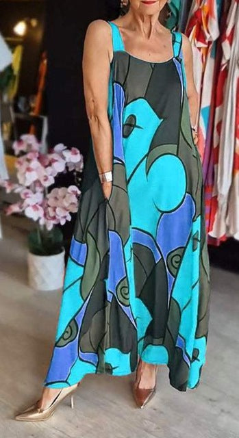 Print Spaghetti Strap Dresses Women Fashion Casual Pocket Loose Long Dress Lady Commuting Clothing Maxi Vestidos 2025 Summer New