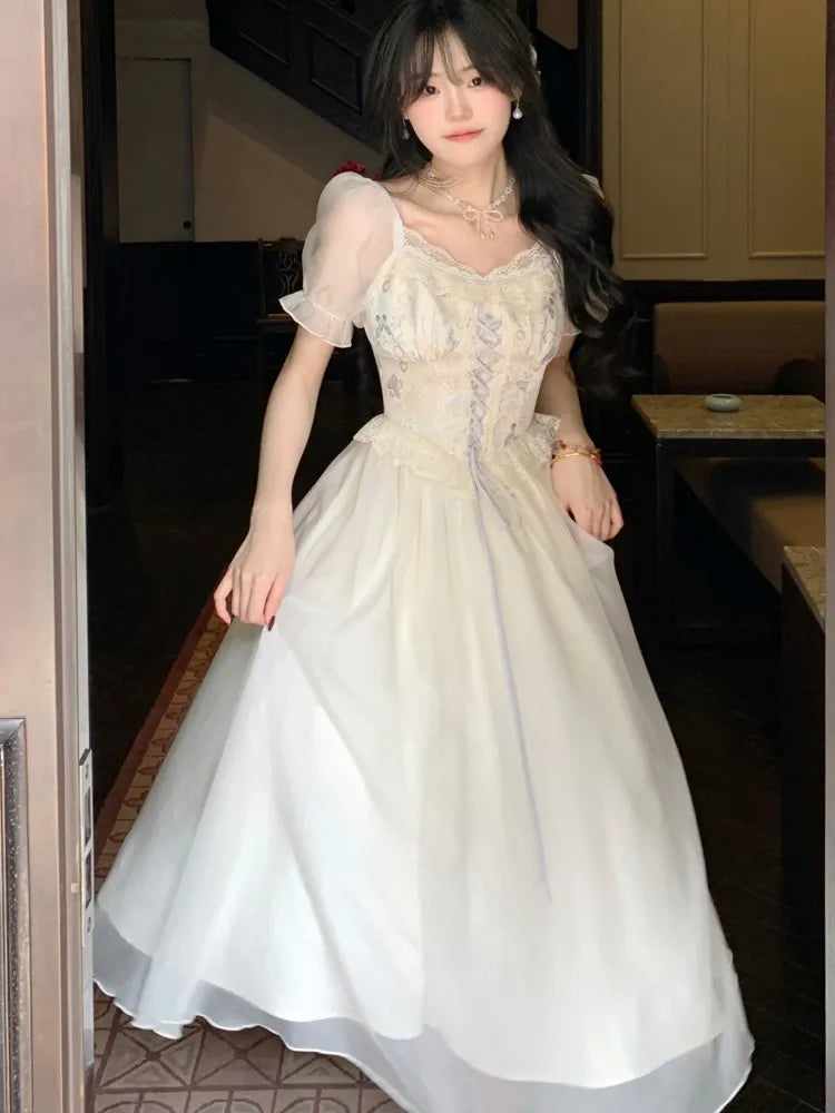 Elegant Princess Birthday Party Dress Puff Sleeve Lace-up A-line Midi Dresses for Women Square Collar Prom Robe Vestidos Mujer