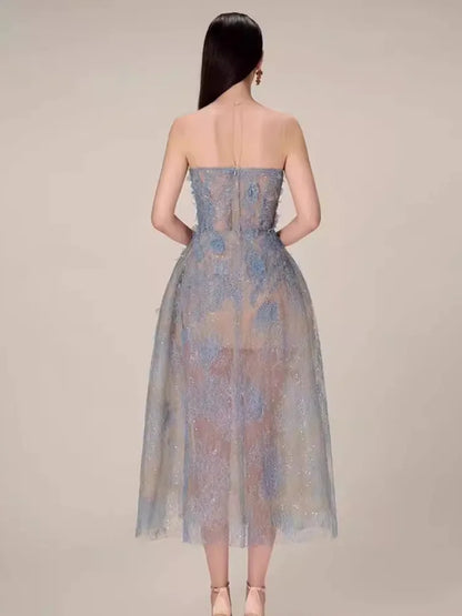 Korean Style 3D Flower Sequin Lace Strapless Dress Elegant Multi-color Mesh Long Dresses Women 2025 New Spring Summer A7877