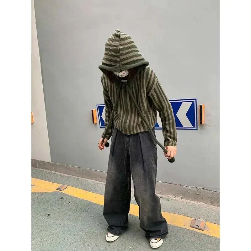 Korean Hooded Loose Harajuku Sweaters Striped Zipper Cardigan Knitted Gothic Y2k Tops Jumper