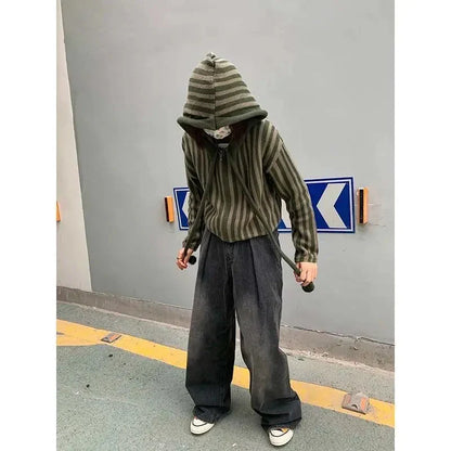 Korean Hooded Loose Harajuku Sweaters Striped Zipper Cardigan Knitted Gothic Y2k Tops Jumper