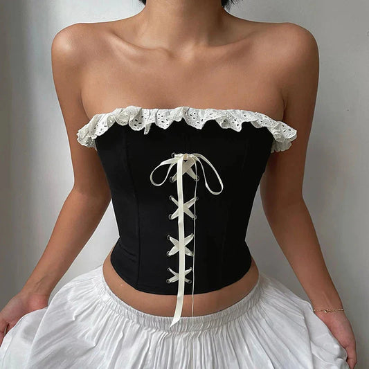 Contrast Ruched Bandage Corset Top Vintage 2000s Strapless Cropped Tops for Y2k Elegant Ladies Vest Harajuku