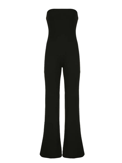 Black Solid Strapless Elegant Long Jumpsuits For Women Slim Wide Leg Flared Rompers Simple Fashion Vacation Overalls
