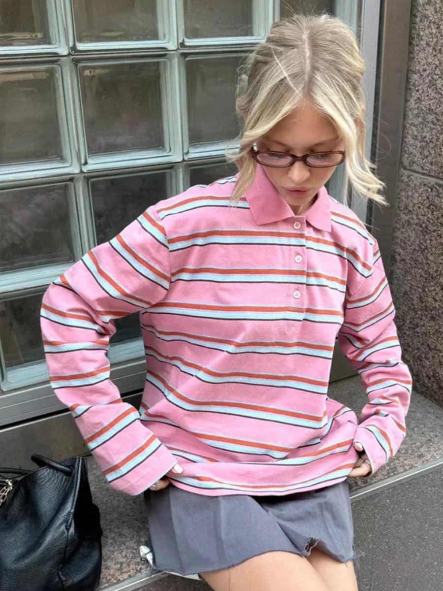 Spring Summer New Women's Retro Striped Polo Collar Oversized Long Sleeve T - Shirt Trendy Casual Loose Basic Top
