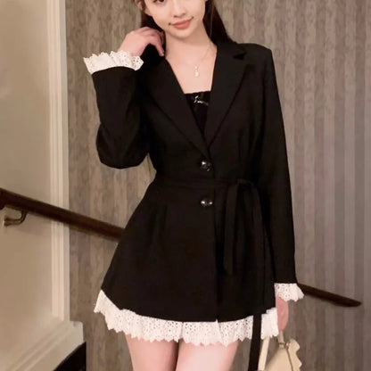 Elegant Black Suit Dress Women Lace Patchwork Blazer Dress Turn-down Collar Slim Korean Fashion Y2K Autumn New Mini Vestidos