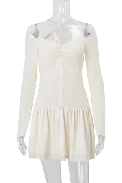 A-Line Pleated Mini Dress with Long Sleeves and Patchwork Straps