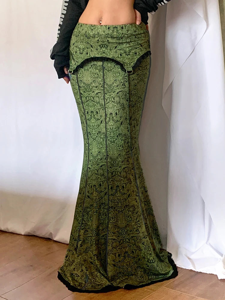 Forest Green Print Aesthetic Vacation Long Skirts Womens Vintage Lace Trim Mermaid Skirt