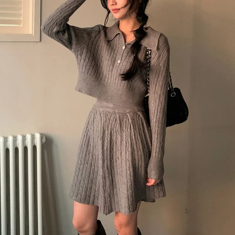 Korean Fashion Two-piece Set Women Pullover Turn-down Collar Crop Top Mini Skirt Solid Casual Suit Autumn New Knitwear Outfits