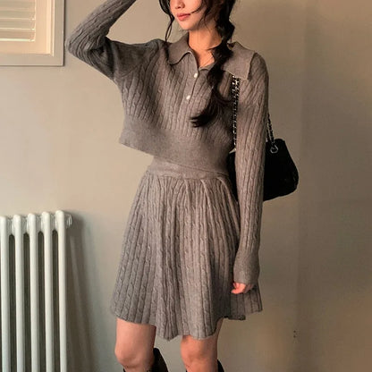 Korean Fashion Two-piece Set Women Pullover Turn-down Collar Crop Top Mini Skirt Solid Casual Suit Autumn New Knitwear Outfits