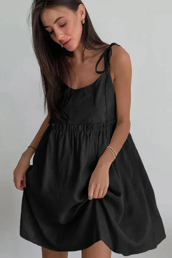 Spaghetti Strap Loose Mini Dress with Lace Up Detail