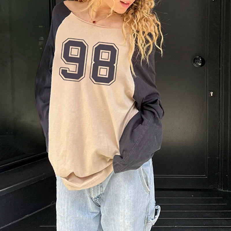 Harajuku Contrast Digital Print Tee Shirt Women Streetwear Autumn Long Sleeve O-neck Y2K Top Grunge Stylish Pullovers