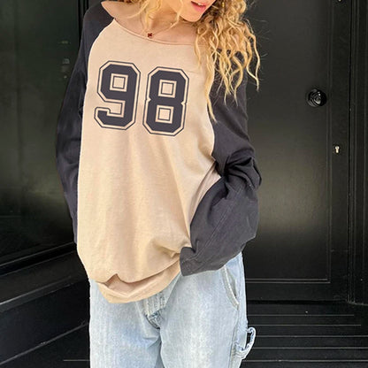 Harajuku Contrast Digital Print Tee Shirt Women Streetwear Autumn Long Sleeve O-neck Y2K Top Grunge Stylish Pullovers