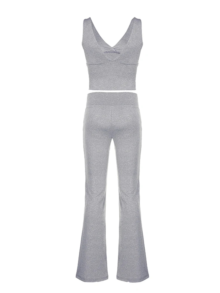 Gray Slim Sleeveless V Neck Vest And V Shape Waist Flared Leggings 2 Pieses Pants Sets Womens Summer Baddie Outfits
