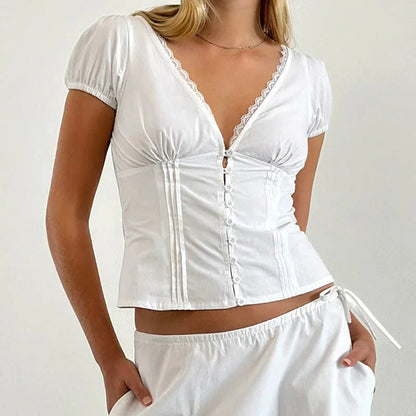 Coquette Shirt y2k Clothes Deep V Neck Lace Trim Single Breasted Short Sleeve Blouse Crop Top Club Streetwear