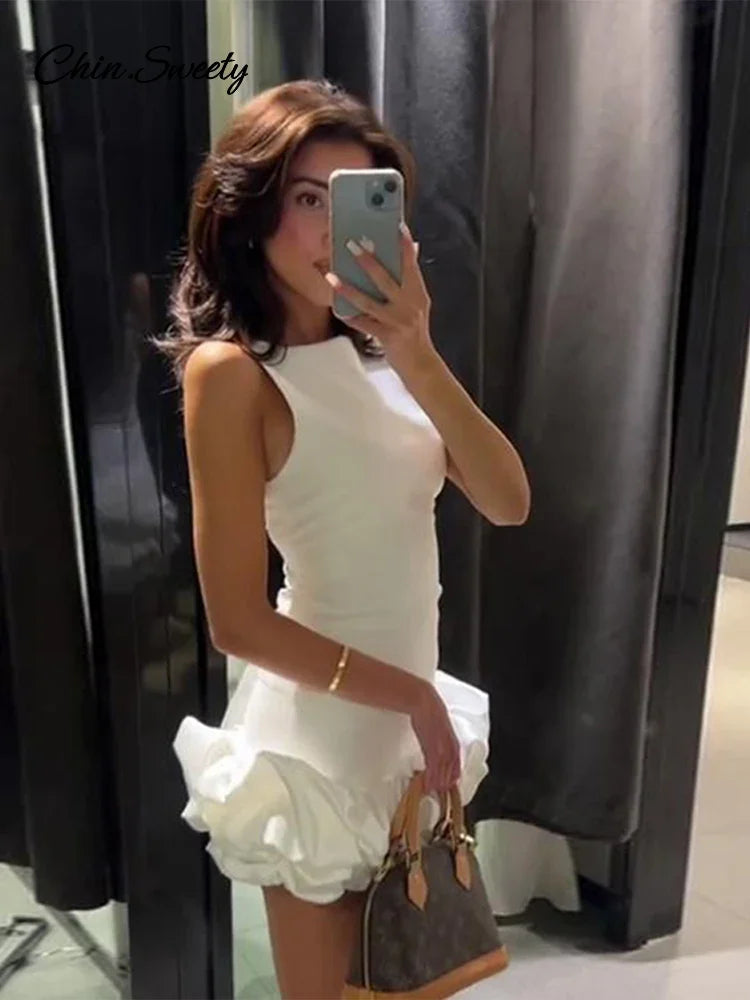 Elegant Sleeveless White Short Dress Women Slim O-neck Backless Ruffles Hem Party Evening Dresses  Summer Lady Streetwear