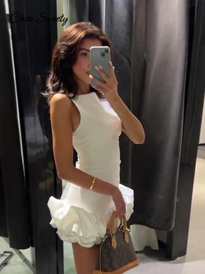 Elegant Sleeveless White Short Dress Women Slim O-neck Backless Ruffles Hem Party Evening Dresses  Summer Lady Streetwear