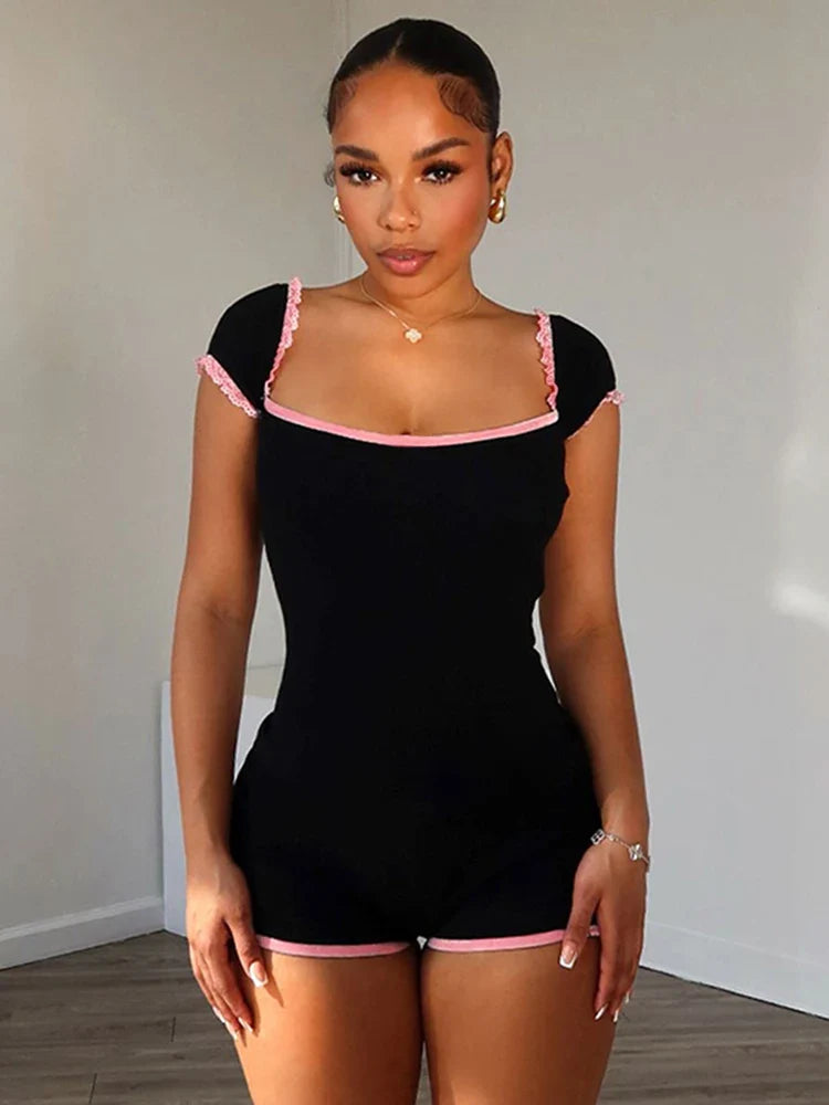 Patchwork Lace Trim Square Neck Romper