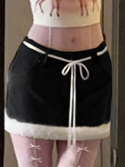 Hotsweet Black Mini Skirt Women Autumn New Y2k Clothing Bow Lace Up Faux Trim Corduroy Skirt Fashion All-Match