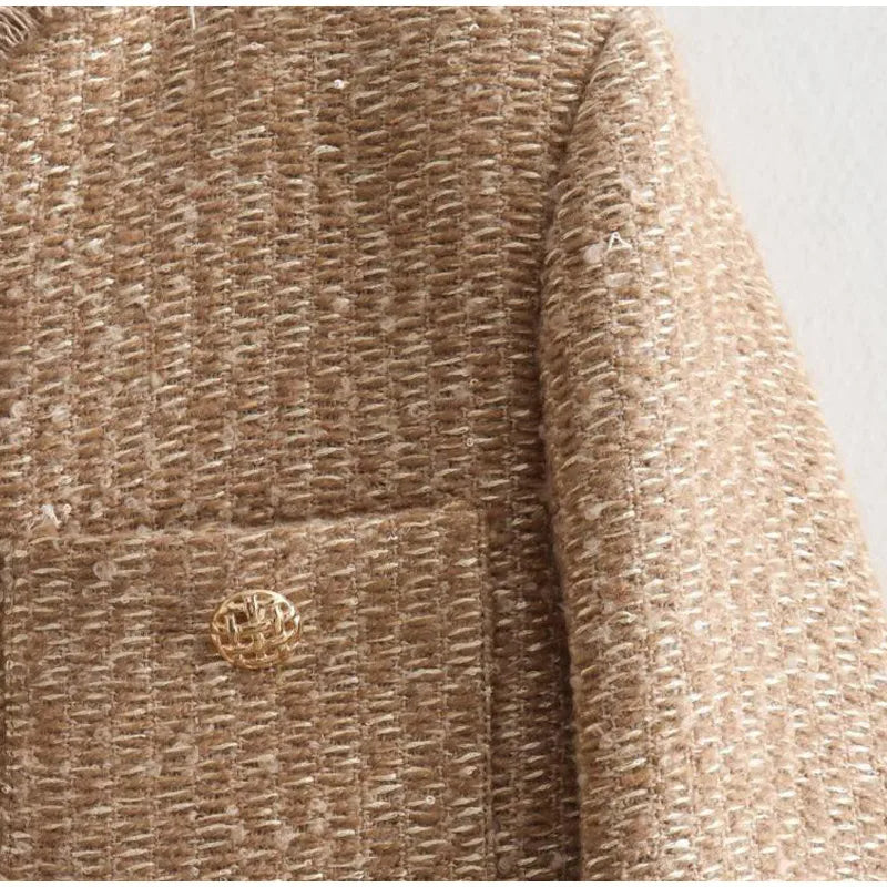 Fashion O-neck Pockets Short Coats For Women Autumn Long Sleeve Single Breasted Tweed Jacket New Chic Cropped Coats Female